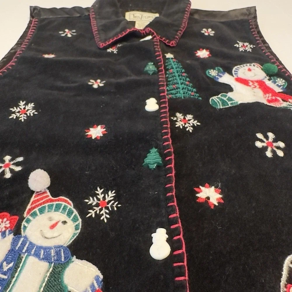 TanTrums Black Velvet Snowman Christmas Vest Women's Size M Ugly Sweater Party